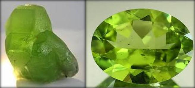 Peridoto uma forma de olivina As rochas da superfície da Terra : Oxigênio (45,5%), Silício (27,2%), Alumínio (8,3%), Ferro (6,2%), Cálcio (4,6%) e Magnésio (2,7%).