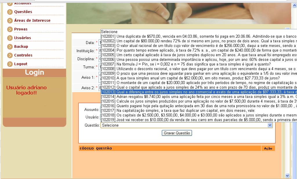 Figura 14. Escolha da questão.