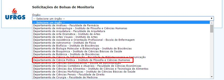 4 SOLICITAÇÃO DE BOLSAS Nas Informações Exclusivas dos Departamentos o usuário deverá acessar o link da Monitoria localizado na barra superior do Portal que dará acesso ao Menu Lateral.