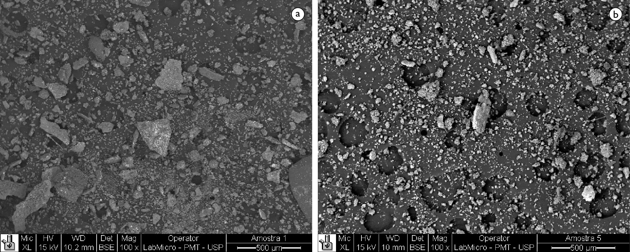 Rizzi et al. Figura 4. Micrografias das poeiras provenientes de ensaios a 1.400 C (A) e 1.450 C (B). Escala de 500 µm, aumento de 100X.