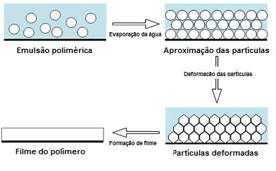 4.1.1. Formação de filme De acordo com SCHWARTZ (2001), a formação de filme em emulsões poliméricas é bastante complexa, sendo dividida em quatro etapas: 1. Evaporação d água; 2.
