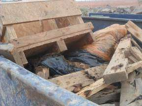 Depósito inadequado de resíduo comum (madeiras) com resíduo perigoso (contaminado com óleo).