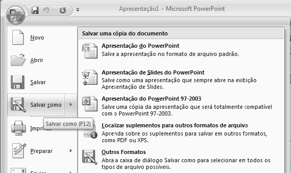 A Barra de Ferramentas de Acesso Rápido Alguns comandos de versões anteriores estão disponíveis no Office PowerPoint 2007 apenas na lista de todos os comandos da caixa de diálogo Opções do PowerPoint.