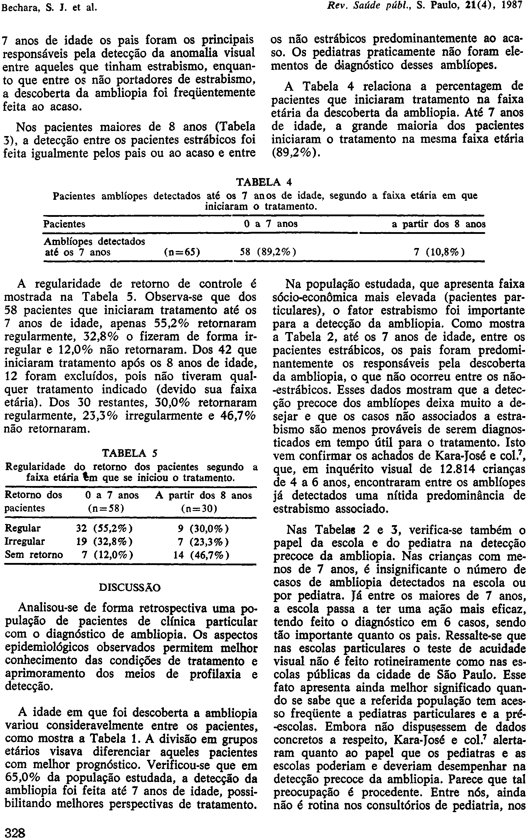 7 anos de idade os pais foram os principais responsáveis pela detecção da anomalia visual entre aqueles que tinham estrabismo, enquanto que entre os não portadores de estrabismo, a descoberta da