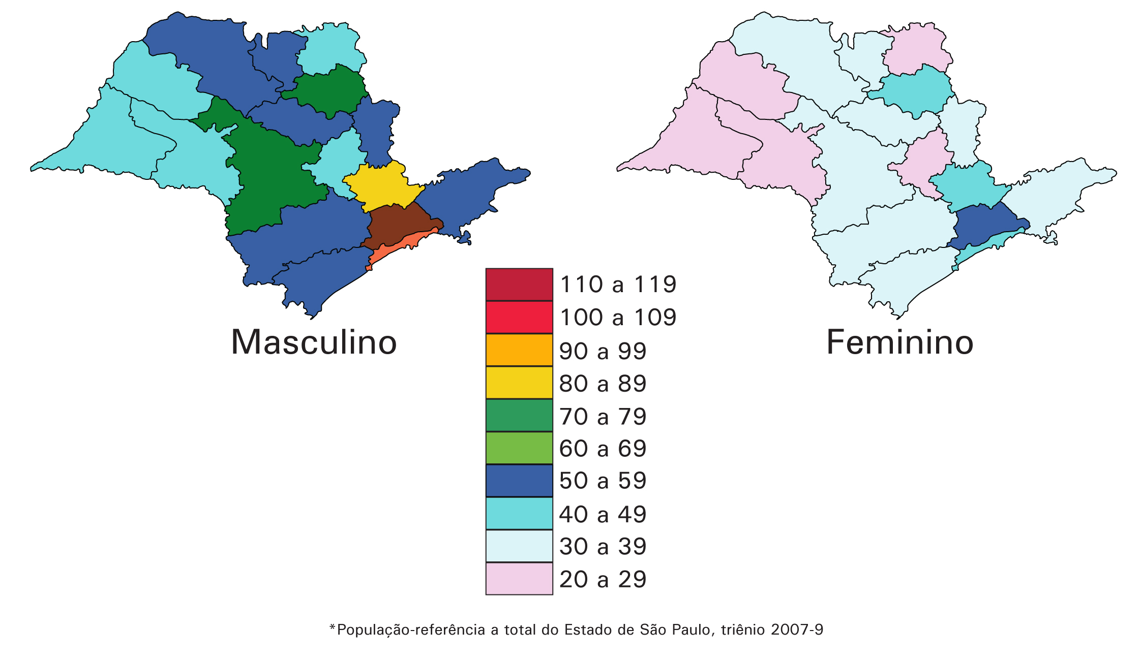72 Licenciatura em Ciências USP/Univesp Módulo 5 grande diferença de mortalidade para cada 100 mil habitantes, de acordo com as cores da legenda, tanto quando comparamos cada local em relação ao sexo