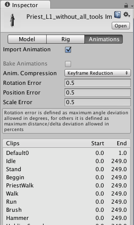 Animation Clips Os clipes de animações importados podem estar definidos de três formas: 1) Um único modelo contêm todas as animações já separadas em clipes e nomeadas; Algumas vezes é necessário