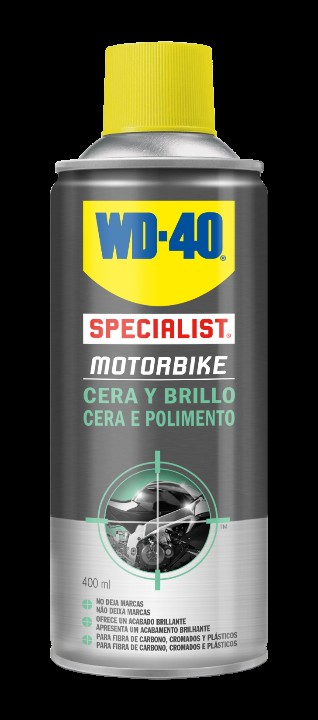 CERA E POLIMENTO A Cera e Polimento WD-40 Motorbike deixa a moto com um acabamento brilhante.