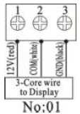 Ligação do visor Ligação 1: ligar o fio vermelho (+12V) Ligação 2: ligar o fio branco (COM) Ligação 3: Ligar o fio preto (GND) Nota: Colocar os fios no interior e fixar os cabos no exterior Ligações