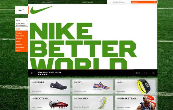 O esquema de cores no site da Nike inclui verde, branco e laranja. Verde é uma cor excelente, altamente associado com a saúde natureza, (incluindo esportes) e vida.