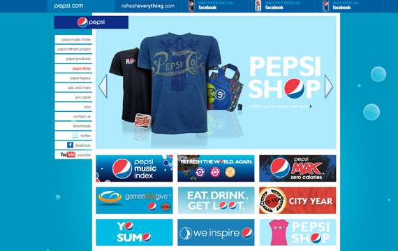 http://www.pepsi.com/ O site da Pepsi é esmagadoramente azul.