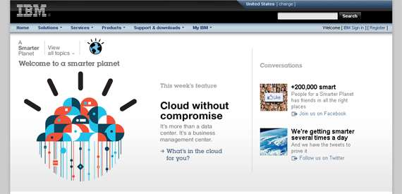 O site da IBM tem um esquema de cores muito profissional, que inclui cores como azul, cinza e branco.