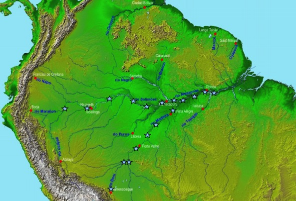 Figura 1. Apresentação de distribuição de pontos de coleta (estrelas vermelhas) para o Projeto GEF Amazônia, nos sistemas Fluviais Solimões/Amazonas e Madeira/Amazonas.