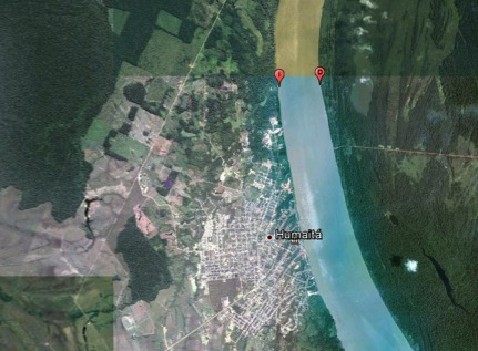 Imagem Google Earth da localização da seção de medição onde forma coletadas amostras e onde foi realizada medição de vazão nas proximidades da cidade de Humaitá AM.