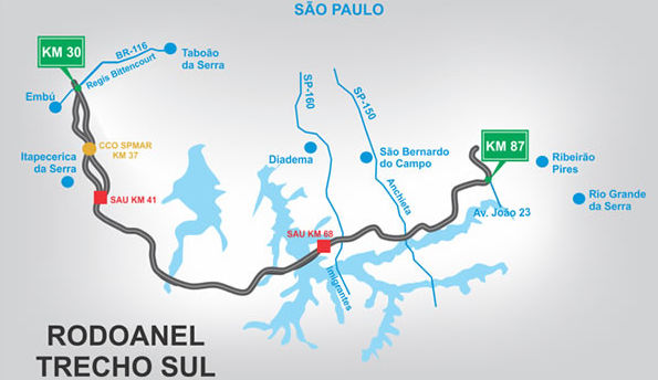 Trecho Sul - Com 61,4km de extensão, o traçado do trecho Sul vai do km 30 ao km 86 do Rodoanel Mário Covas, somando 4 quilômetros de prolongamento até a avenida Papa João XXIII.