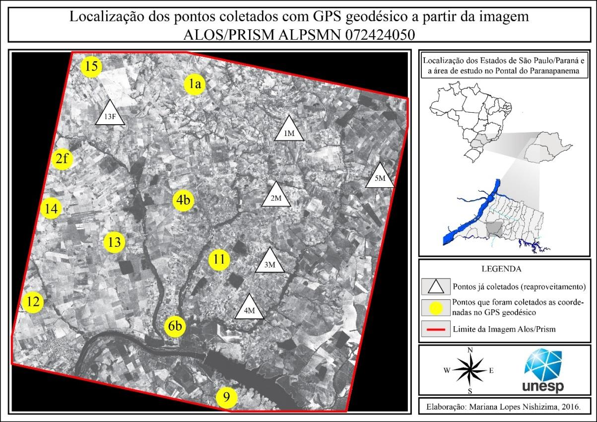Figura 02: Localização dos pontos coletados com o GPS Geodésico O trabalho de campo foi realizado nos dias 21 e 26 de março de 2016 na região do Pontal do Paranapanema, com o objetivo de realizar o