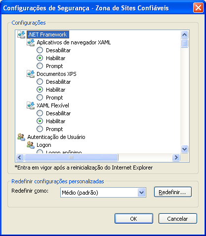 Figura 5 Configuração do Internet Explorer Campo Redefinir como. botão Redefinir. Botão Sim.