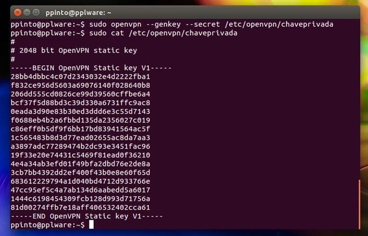 sudo openvpn --genkey --secret /etc/openvpn/chaveprivada Para verem o conteúdo da chave basta que executem o comando sudo cat /etc/openvpn/chaveprivada Passo 3 Criar o ficheiro