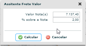 Para efetuar o calculo exato clique na calculadora referente ao frete valor onde abrirá a seguinte tela: Com o assistente aberto insira o valor da nota seguido então da % sobre a nota, após isso,
