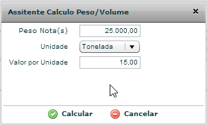 Com o assistente aberto insira o peso, a unidade seguindo então do valor por unidade, após isso, clique em (calcular).