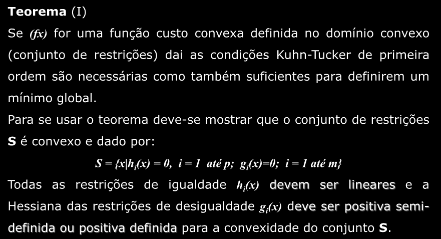 Teorema (I) Faculdade de Engenhara Optmzação Condções sufcentes para problemas convexos Se (fx) for uma função custo convexa defnda no domíno convexo (conjunto de restrções) da as condções