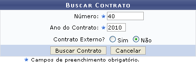 Para realizar a busca pelo contrato para o qual deseja incluir a ocorrência, é necessário que o fiscal informe seu Número, Ano, e se ele é Externo ou não.