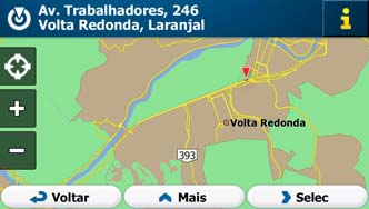 3.1.3 Selecionando uma localização do mapa como destino 1. Se estiver na tela Mapa, toque em para retornar ao menu de Navegação. 2. No menu de Navegação, toque nos seguintes botões:,. 3.