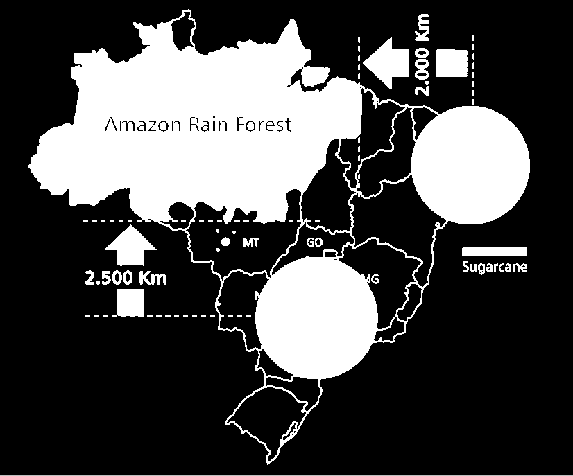 Ethanol-Sugar Mills Location in Brazil Duas Regiões Canavieiras: Norte-Nordeste com cerca de 12% da area de