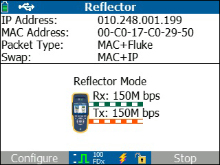 Refletor O modo de refletor do pacote permite o uso como um dispositivo remoto, durante testes de desempenho do caminho de rede, de ponta a ponta, para validar capacidades de taxa de transferência
