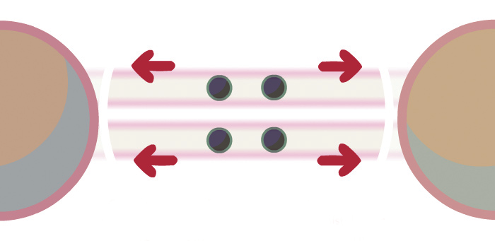 Destaque a imagem na tela 04 do modelo de uma molécula de gás oxigênio (O2) em que dois átomos de oxigênio estão ligados por duas ligações covalentes.