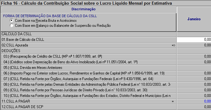 Ficha 16 - Cálculo da Contribuição Social