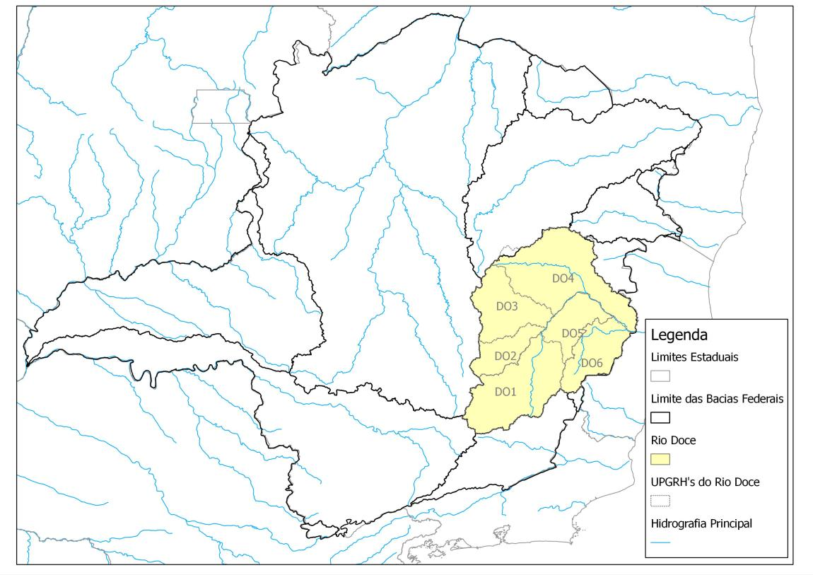 Figura 1: Localização da Bacia do Doce 2 - SITUAÇÃO ATUAL DOS RIOS QUE SÃO ABRANGIDOS PELA BACIA DO DOCE NO ESTADO DE MINAS GERAIS Atualmente, na Bacia do Rio Doce, na abrangência de Minas Gerais,