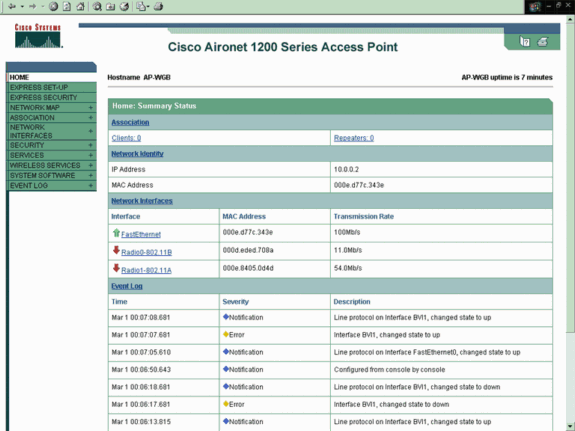 Acesse o ponto de acesso 1200 via interface gráfica. A janela Summary Status é exibida.