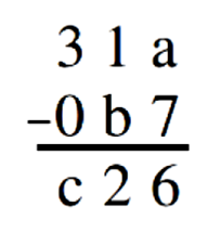 PROVA DE MATEMÁTICA Questão 1 - Na subtração a seguir, a, b e c são algarismos que fazem com que o cálculo esteja correto. a) Encontre os valores de a, b e c. b) Calcule o valor exato de.