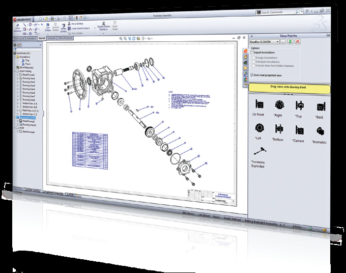 O SolidWorks Premium 2013 acelera a criação dos desenhos de montagem permitindo que você arraste e solte rapidamente vistas explodidas pré-construídas direto da Paleta de vistas.