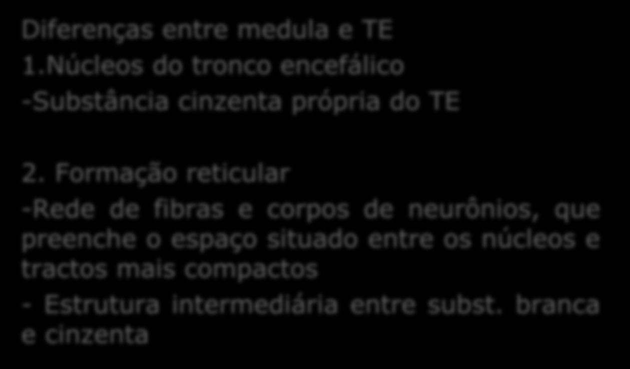 TRONCO ENCEFÁLICO -Área do encéfalo que estende-se desde a medula espinhal até o diencéfalo TRONCO ENCEFÁLICO = BULBO + PONTE + MESENCÉFALO Diferenças entre medula e TE 1.