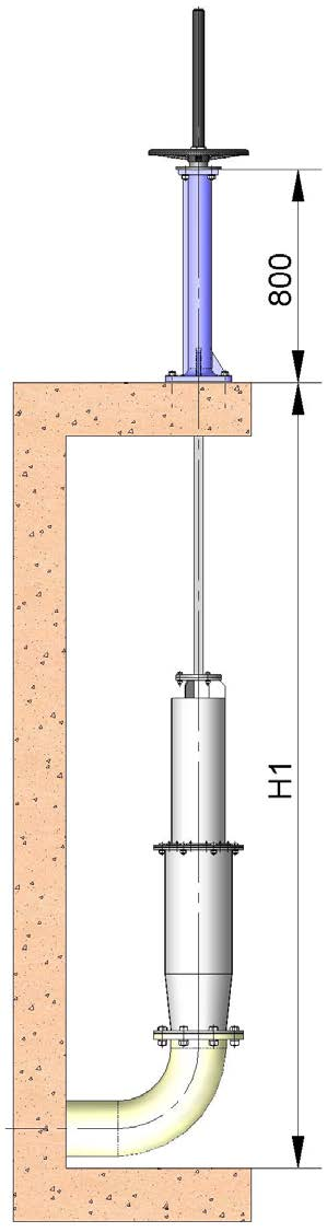 Normalmente incorpora-se uma coluna de manobra para suportar o accionamento. As variáveis de definição são: H1: distância desde o revestimento de fundo do canal até ao solo.