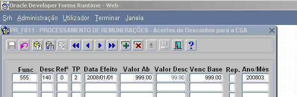 4.1 Processamentos Manuais ou Reposições A inclusão dos processamentos manuais ou reposições de descontos para a CGA no ficheiro mensal é possível utilizando o ecrã dos Acertos de Descontos p/cga