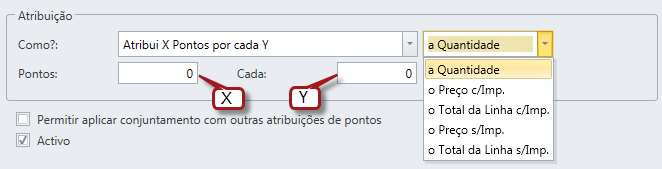 Atribui X Pontos por cada Y Serão atribuidos X pontos por cada Y, sendo X o campo Pontos e Y o campo Cada. Exemplos: Sendo X = 2, Y = 5 e a Quantidade = 10 o valor dos pontos atribuidos será 4.