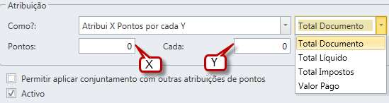 Atribui X Pontos por cada Y Serão atribuidos X pontos por cada Y, sendo X o campo Pontos e Y o campo Cada. Exemplos: Sendo X = 2, Y = 10 e Total Documento = 20 o valor dos pontos atribuidos será 4.