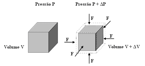 34 Figura 2.7: Esquema representativo do Módulo de Compressibilidade Volumétrica respectivamente. ɛ xx + ɛ yy + ɛ zz = V V (2.