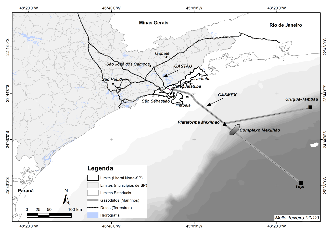 Localização da rede de dutos e gasodutos relacionados à indústria de petróleo e