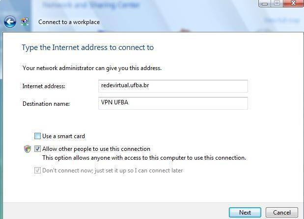 4º Passo: No campo Internet address digite: redevirtual.ufba.br.