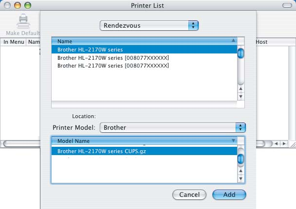 Impressão em rede em Macintosh f Escolha a impressora e clique em Add (Adicionar).