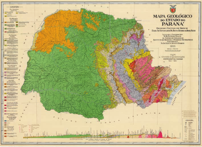 Mapa geológico do Paraná, elaborado em 1953 pelo pesquisador alemão Reinhard Maack que, entre tantas contribuições, foi quem propôs a defi nição e limites dos Campos Gerais.