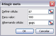 No exemplo, definimos a célula B7 que é o local da soma dos nossos gastos, nossa meta é de 900, por este motivo no campo Para valor, informamos 900 e finalmente de onde vamos tirar o valor que