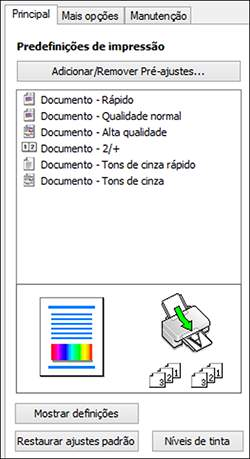 Você verá as opções de Predefinições de impressão disponíveis à esquerda: 2. Coloque o seu cursor sobre uma das Predefinições de impressão para ver uma lista de configurações. 3.