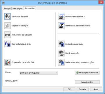 2. Selecione Definições da impressora. Você vê a janela de configurações de impressão. 3. Clique na guia Manutenção. Você vê as opções de manutenção: 4.