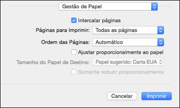Dimensionamento de imagens impressas - OS X Você pode ajustar a ordem de impressão e o tamanho da imagem ao imprimir selecionando Gestão de Papel no menu suspenso na janela Imprimir.