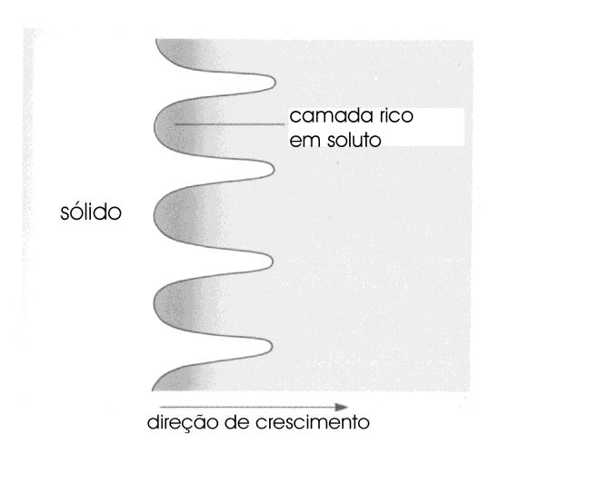 Figura 8 Segregação do soluto no desenvolvimento de dendrítas Mais frequentemente, a rejeição de soluto lateralmente provoca a formação de braços secundários e ramificações, originando uma morfologia