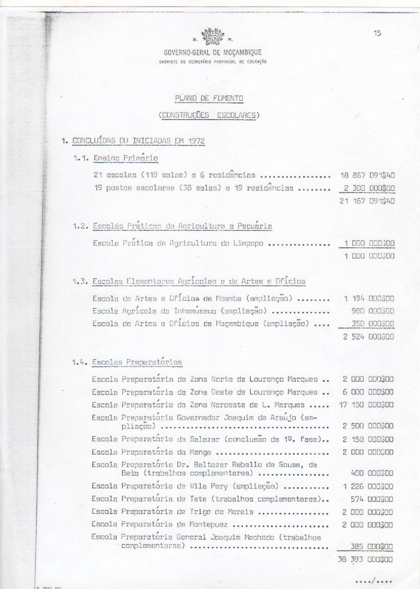 Anexo VIII Plano de Fomento e Construções Escolares Governo Geral de Moçambique Marcos Miranda Guedes,